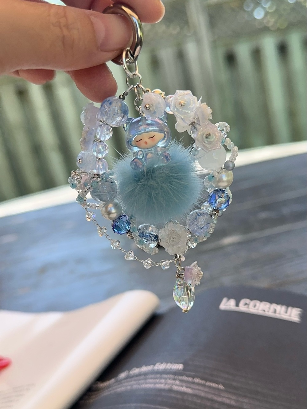Blue Pom-Pom Crystal Charm Keychain Pendant for Women